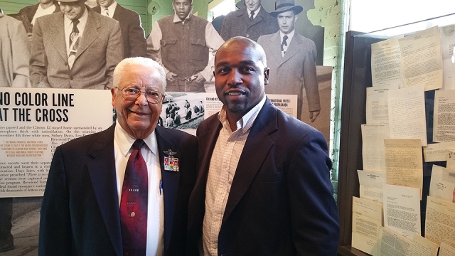 CNS’s Cary Langham (right) met Tuskegee Airman Lt. Col. George Hardy at the Tuskegee Airmen’s “Rise Above” traveling exhibit.