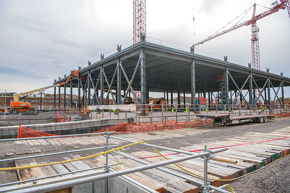 The concrete that forms the floor of the Mechanical Electrical Building was placed in November. The next step is installing structural steel on the second level. 