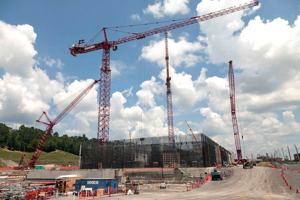 Two additional cranes have been added at the Uranium Processing Facility site to support steel installation at the Salvage and Accountability Building, and rebar wall curtain placement at the Main Process Building.