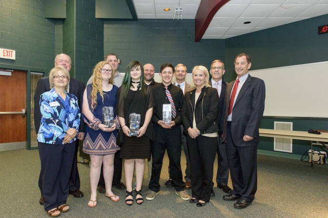 Clinton Middle School wins the inaugural Dream It. Do It. Competition May 2016. Front row (left to right): Janet Hawkins, Paige Cooper, Sierra Patrick, Anthony Burkett Hundley and Kristin Waldschlager of CNS. Back row (left to right): Anderson County Chamber President Rick Meredith, Jack Spangler, Jonathan Lewis, Kelly Myers and Jason Bohne and Jim Zonar of CNS.