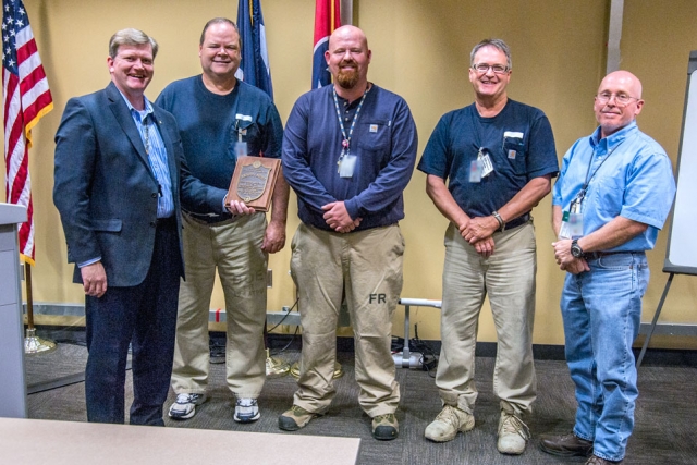 Receiving the 90‑Day Safety Challenge Achievement Award in October (from left) are: Bill Tindal, Joe Williams, Patrick Hubbard, Wayne Russell and Mark Lyons.