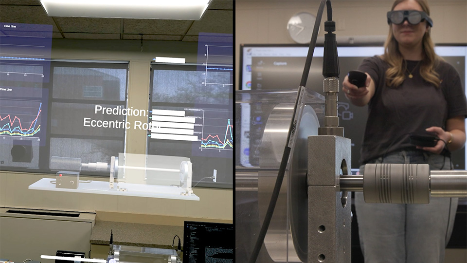 A University of Tennessee student operates a motor remotely through an XR headset and hand controllers while collecting data about the motor’s functionality. 
