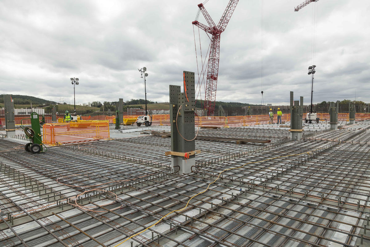 Rebar, embeds, and penetrations are installed on the second level of the Uranium Processing Facility Main Process Building to prepare for upper deck concrete placements.