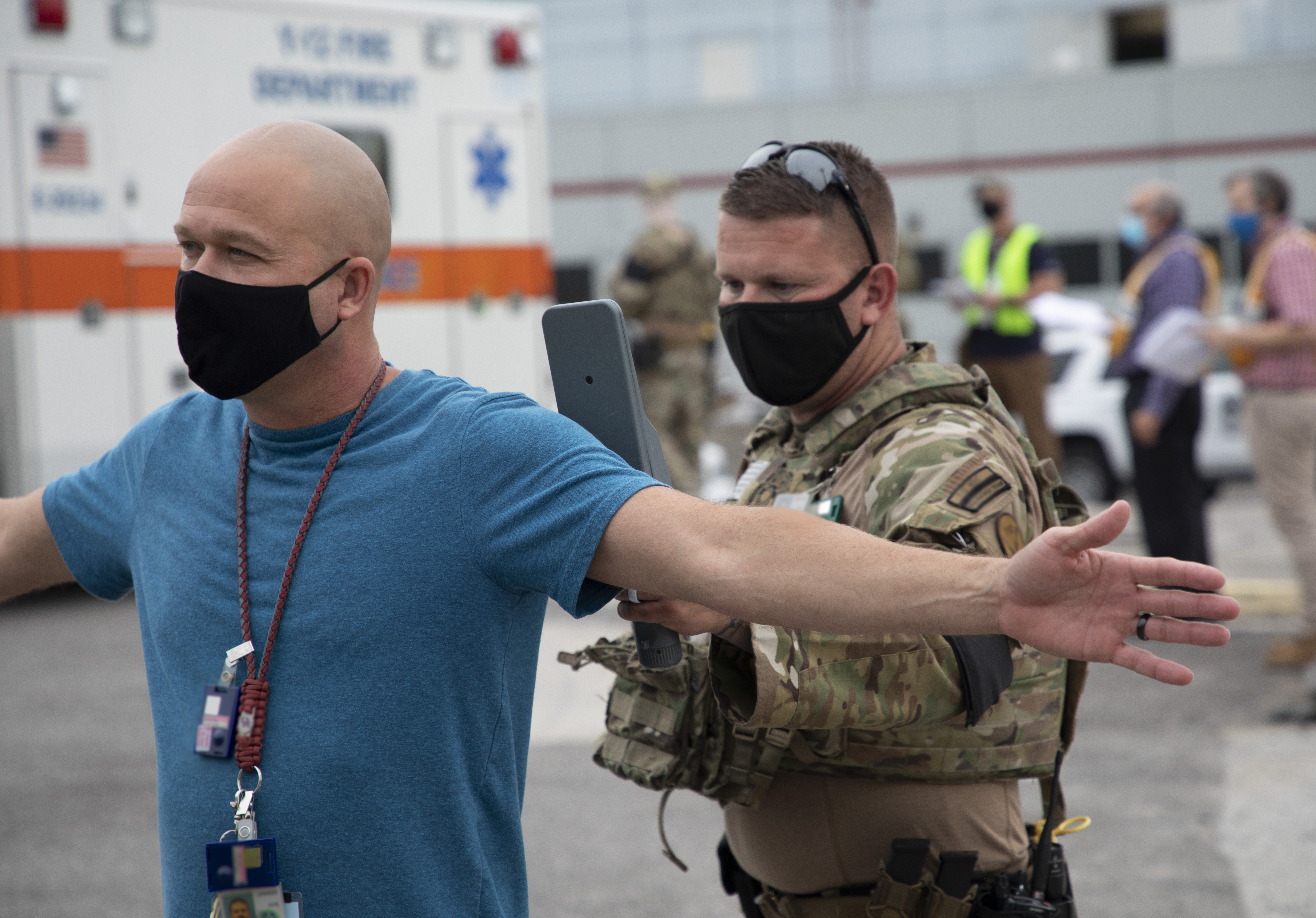 From taking responders’ temperatures to masks and social distancing, precautions ensured the Y-12 emergency management exercise was conducted safely. From taking responders’ temperatures to masks and social distancing, precautions ensured the Y-12 emergency management exercise was conducted safely.