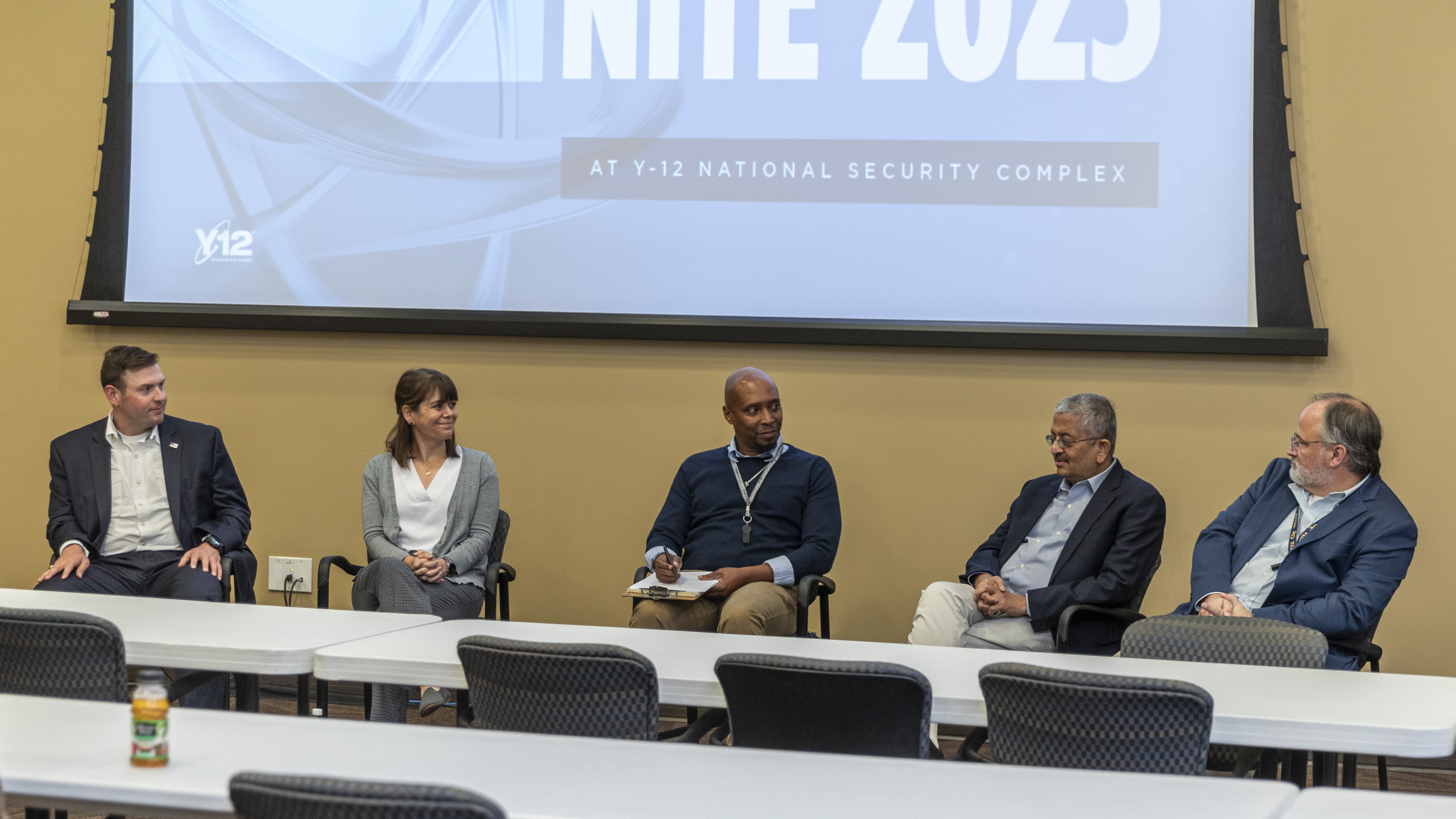The Nuclear Innovation in Tennessee Expo concluded with a panel discussion about the qualities of an ideal industry–university collaboration. Participants were (from left) Grant Allard, Y-12; Jamie Cobble, University of Tennessee; Sanchez Harley, Y-12; Shekar Bhansati, Vanderbilt University; and David Hathcock, Y-12. Photo by Brian Holt.