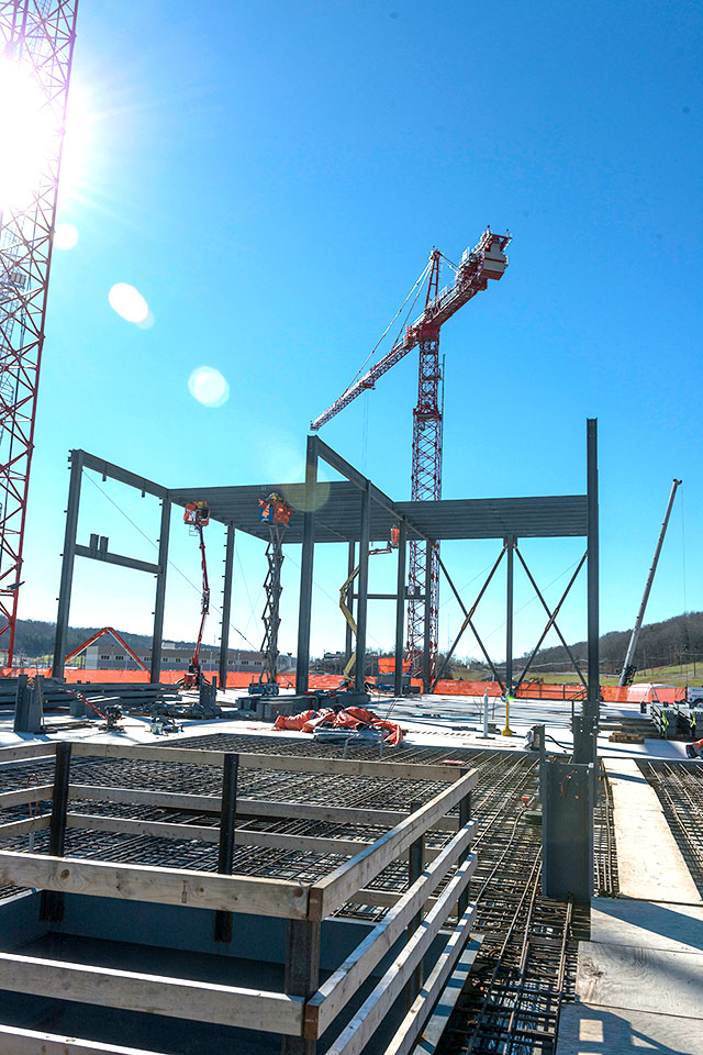 Steel installation for the second level of the UPF’s Mechanical Electrical Building recently began.