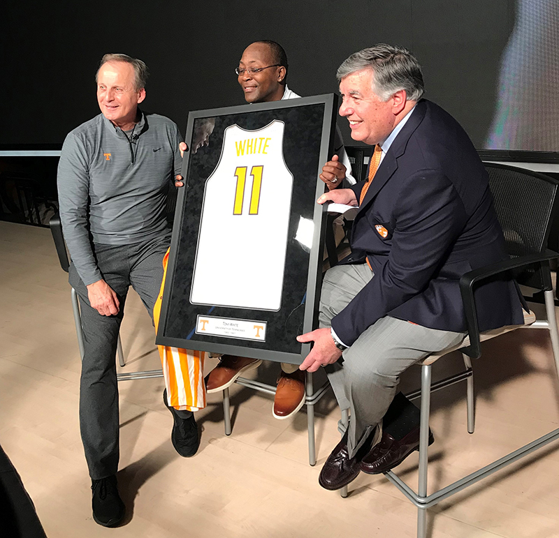 From left University of Tennessee Men’s Basketball Head Coach Rick Barnes, Tony White, and Bob Kesling, Voice of the Vols