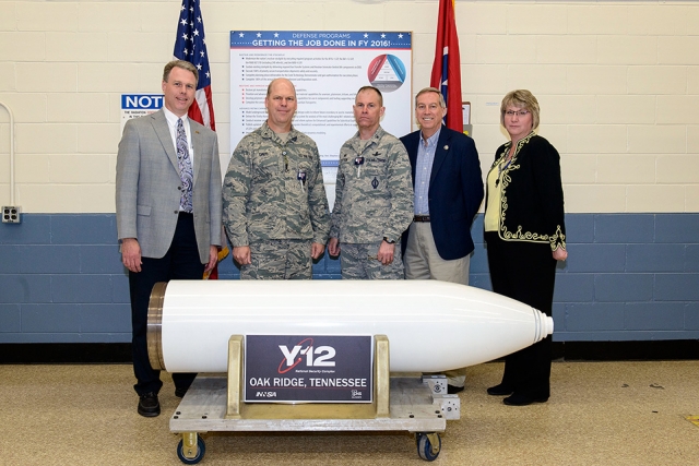 Brig. Gen. Mike Lutton (center) tours Y 12’s Beta-2E with (from left) Abe Mathews, former NNSA Principal Deputy Administrator for Military Applications Brig. Gen. Stephen L. Davis, Rick Collier of the NNSA Production Office and CNS Deputy Enterprise Manager Michelle Reichert. 