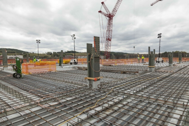 Rebar, embeds, and penetrations are installed on the second level of the Uranium Processing Facility Main Process Building to prepare for upper deck concrete placements.