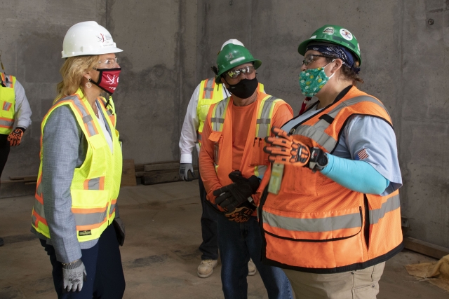 NNSA Administrator Lisa E. Gordon-Hagerty with UPF Iron Workers in the Main Process Building