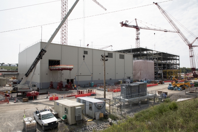 The Mechanical Electrical Building (MEB) is pictured on the left. The platform is used for equipment deliveries.