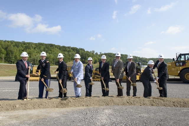 Those who participated in the celebration include, (from left) Jason Mantle, Chief Operating Officer, Korte Construction; U.S. Army Corps of Engineers Nashville District Commander and District Engineer LTC Stephen Murphy; Don Peters, UPF Site Infrastructure and Services Subproject Federal Project Director; Oak Ridge Mayor Warren Gooch; Congressman Chuck Fleischmann; NNSA Administrator Frank Klotz; NNSA Production Office Manager Geoff Beausoleil; CNS President and Chief Executive Officer Morgan Smith; CNS Se