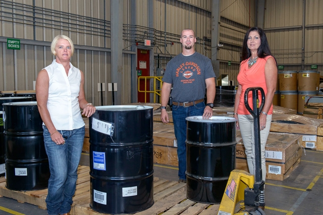 Y 12 employees, from left, Lisa Branstetter, Daniel Britton, and Lori Collazo in Y 12’s Recycle Center. 