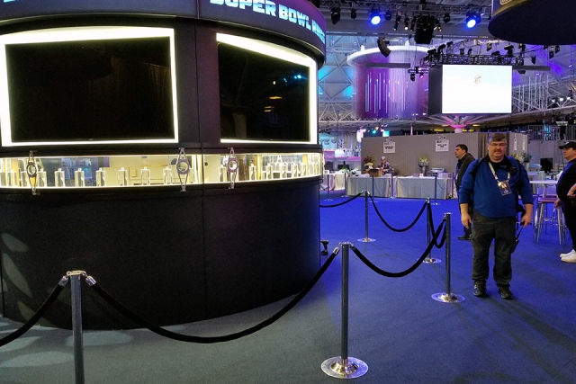 A RAP member performs a preventive radiological nuclear detection sweep at one of the Super Bowl LII venues displaying all of the Super Bowl rings.