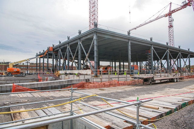 The concrete that forms the floor of the Mechanical Electrical Building was placed in November. The next step is installing structural steel on the second level. 