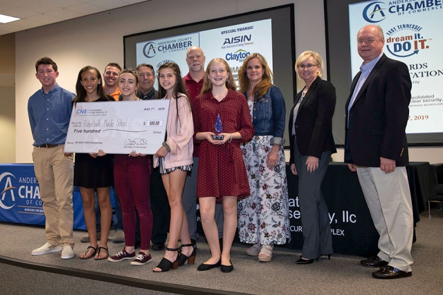 The Robertsville Middle School team placed third, earning their school $500 for science, technology, engineering and math education with their video about Techmer PM. Team members included Cayenne Atherton, Nehemiah Elmore, Laurel Hetrick, Brooklyn Henderson, Daphne Seay, Sophie Sluss and teachers Todd Livesay and Eli Manning. 